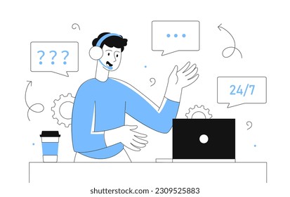 Man in call center concept. Young guy in headphones sits at laptop and answers questions from users and customers. Consultant and assistant, hotline operator. Linear flat vector illustration