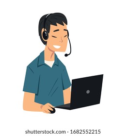 Man Call Center Operator, Customer Support Service Assistant With Headset, Help Desk, Online Technical Support Vector Illustration