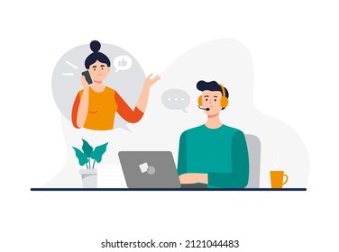 A man from a call center successful dealing with a customer problem. Online global technical support 24 7. Customer support department staff, telemarketing agents. Vector flat illustration.