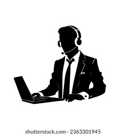 Man, call center and working with headset, computer for online customer support, service or help, web support communication vector silhouette