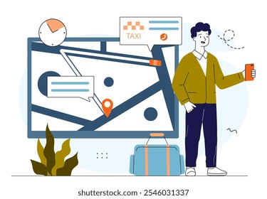 Man call taxi online. Young guy with smartphone near city map. Vehicle ordering on internet. Urban infrastructure. Person with carsharing. Linear vector illustration isolated on white background