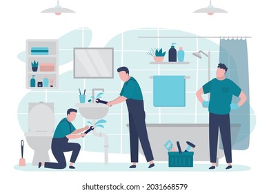 Man called workers from plumbing service. Plumbers fixing pipes in restroom. Workers with different tools repair tubes at sink. Bathroom interior .Masters help with broken technics.Vector illustration