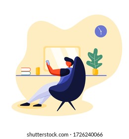 Man is calling a cellphone while working at home with a computer,  concept illustration, vector flat style illustration 