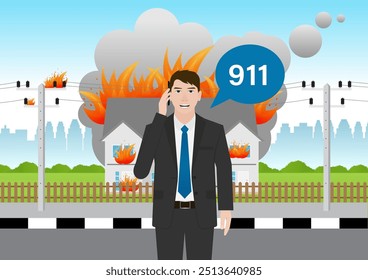 Homem ligando para o número de emergência 911 sobre Burning House e Burning Building. Ilustração de vetor. 