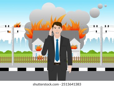 Man Calling Emergency Number 911  about Burning House and Burning Building. Vector Illustration. 