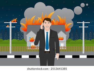 Man Calling Emergency Number 911  about Burning House and Burning Building. Vector Illustration. 