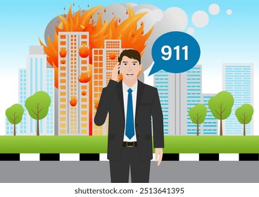 Man Calling Emergency Number 911  about Burning House and Burning Building. Vector Illustration. 