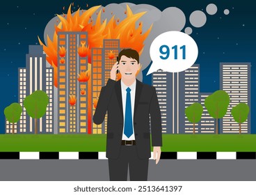 Man Calling Emergency Number 911  about Burning House and Burning Building. Vector Illustration. 