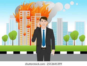 Man Calling Emergency Number 911  about Burning House and Burning Building. Vector Illustration. 