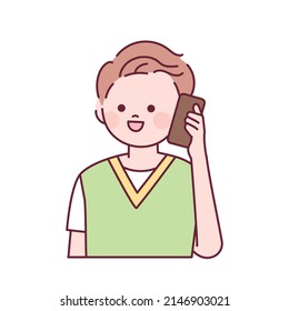  Un hombre está llamando a un celular. ilustración simple del vector de esquema.