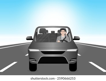 A Man Calling on Phone While Driving a Car. Do Not Use Phone While Driving. Careless and Dangerous Driving Behavior. Vector Illustration. 