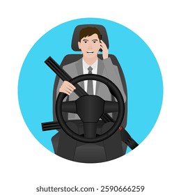 A Man Calling on Phone While Driving a Car. Do Not Use Phone While Driving. Careless and Dangerous Driving Behavior. Vector Illustration. 