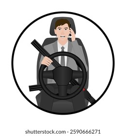 A Man Calling on Phone While Driving a Car. Do Not Use Phone While Driving. Careless and Dangerous Driving Behavior. Vector Illustration. 