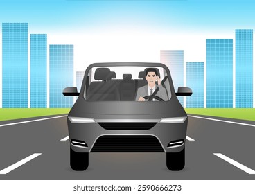 A Man Calling on Phone While Driving a Car. Do Not Use Phone While Driving. Careless and Dangerous Driving Behavior. Vector Illustration. 