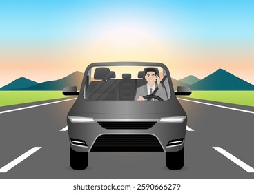 A Man Calling on Phone While Driving a Car. Do Not Use Phone While Driving. Careless and Dangerous Driving Behavior. Vector Illustration. 
