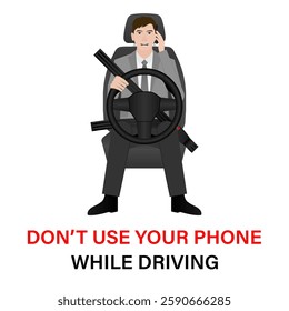 A Man Calling on Phone While Driving a Car. Do Not Use Phone While Driving. Careless and Dangerous Driving Behavior. Vector Illustration. 