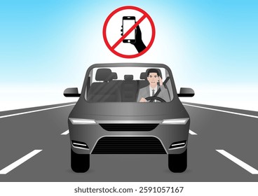 A Man Calling on Phone While Driving a Car. Do Not Use Phone While Driving. Careless and Dangerous Driving Behavior. Vector Illustration. 