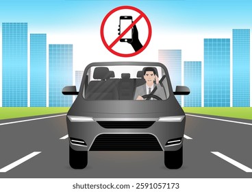 A Man Calling on Phone While Driving a Car. Do Not Use Phone While Driving. Careless and Dangerous Driving Behavior. Vector Illustration. 