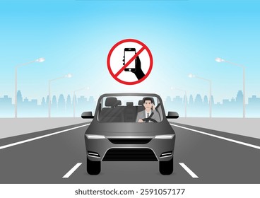 A Man Calling on Phone While Driving a Car. Do Not Use Phone While Driving. Careless and Dangerous Driving Behavior. Vector Illustration. 