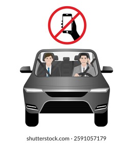 A Man Calling on Phone While Driving a Car. Do Not Use Phone While Driving. Careless and Dangerous Driving Behavior. Vector Illustration. 