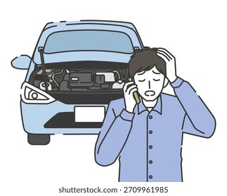 Hombre llamando a la asistencia en carretera con el coche roto
