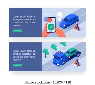 Man Calling to Service Center after Car Accident. Auto Insurance and Car Assistance Web Banner Template. Vehicle Repair and Towing Services Concept. Flat Isometric Vector Illustration.