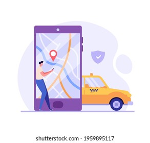 Man calling a taxi, checking where the car is. Concept of taxi service, geolocation, convenient use, car, driver. Vector illustration in flat design for mobile app, web banner.