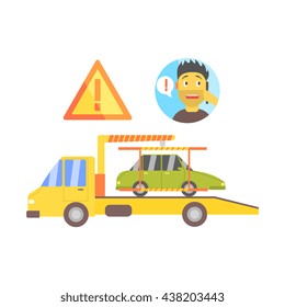 Man Calling And Truck Evacuating His Car Flat Simplified Colorful Vector Illustration Isolated On White Background