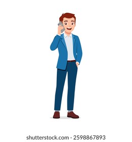 Man Calling Using Cellphone While Standing With One Hand in Pocket Wearing Suit and Smiling