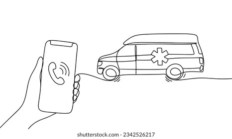 Ein Mann telefoniert mit einem Krankenwagen. Bereitstellung dringender medizinischer Versorgung. Welttag der ersten Hilfe. Eine Zeilenzeichnung für verschiedene Verwendungszwecke. Vektorgrafik.