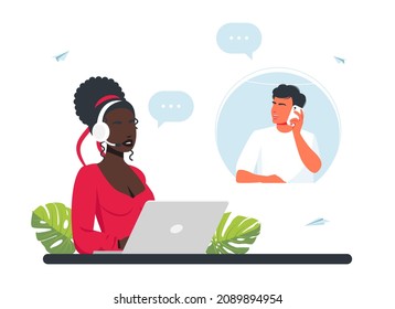 Man calls the call center. Customer service. Man with headphones, microphone with laptop. Concept illustration for support, call center. hotline operators consult customers with headsets on computers