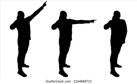 The man calls for help, puts his hand to his mouth, and shows the direction with his other hand. A guy of a large build in a tracksuit and sneakers. Three black male silhouettes isolated on white