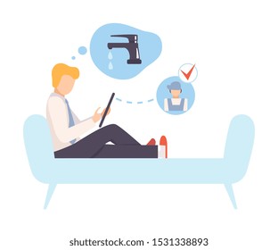 Man calls a plumber to fix a tap vector illustration