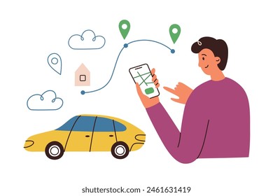 Man calls taxi ride by phone, cab mobile app illustration, hand drawn composition with cartoon person and yellow car, vector icon of smartphone with car sharing service, book transportation for trip