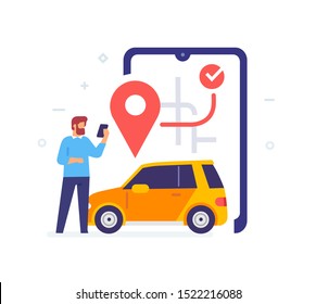 Man calls a taxi through the app icon, illustration. Smartphones tablets user interface social media.Flat illustration Icons infographics. Landing page site print poster. Eps vector.