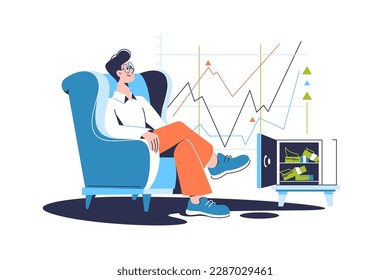 Man calmly watches the graphs of investments, vector illustration. Man sits in chair nearby the safe with packs of money.