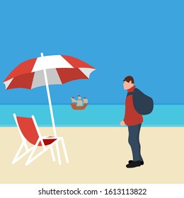 Man came to the beach with a backpack to the sea. Travel flat design, vector illustration