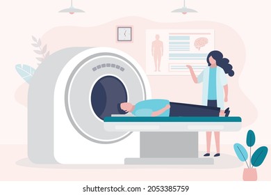 Man came to clinic to do magnetic resonance imaging. Doctor diagnoses patient's condition. X-ray diagnostic apparatus. MRI exam procedure in hospital. Nurse doing brain scan. Flat vector illustration