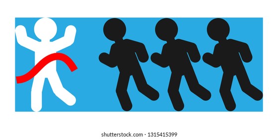 The man came to the finish line before the others. Schematic representation of people running to the goal. Vector illustration