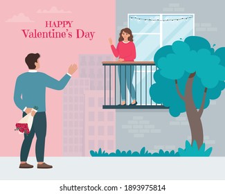 The man came to his beloved under the balcony. Valentine's Day celebration during a quarantine. Vector illustration in flat style