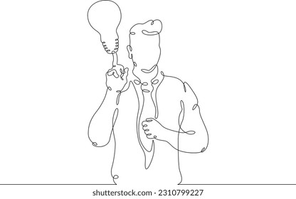 The man came up with an idea. Light bulb idea symbol. A man holds a light bulb.One continuous line. Linear.One continuous line drawn isolated, white background.