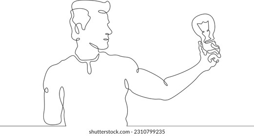 El hombre tuvo una idea. Símbolo de idea de la bombilla. Un hombre sostiene una bombilla. Una línea continua. Lineal.Una línea continua dibujada aislada, fondo blanco.