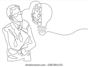 The man came up with an idea. Light bulb idea symbol.One continuous line.	
