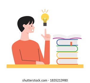 The man came up with an idea. The man is sitting at a desk full of books.