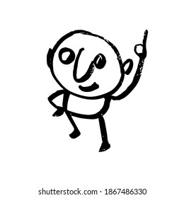 The man came up with an interesting idea. Insight. Hand-drawn funny cartoon character. Black and white vector illustration.