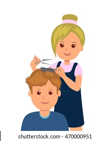 A man came into the barbershop to get a haircut. Woman hairdresser makes haircut and hair styling. Isolated vector illustration a client in the barber shop.