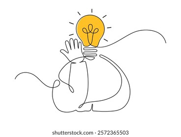 Man came up with a solution. A person with a glowing light bulb-shaped head. New idea, imagination and creativity concept. Continuous line drawing.