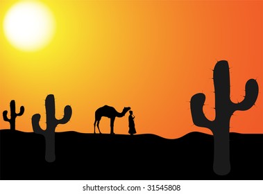 man with camel in the desert, vector illustration