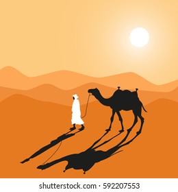 Man and camel do across desert. Cartoon hand made vector eps10 illustration.