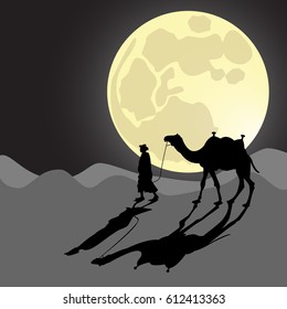 Man and camel do across desert in moonlight. Cartoon hand made vector eps10 illustration.
